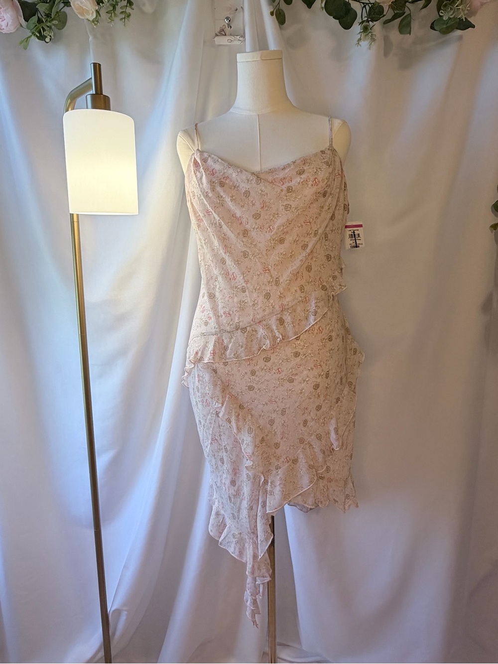 All in Favor Blush Floral Asymmetrical Ruffle Slip Dress